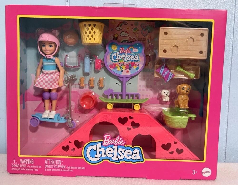 Barbie Chelsea Doll Skatepark Playset with Scooter Skateboard Puppies New NIB